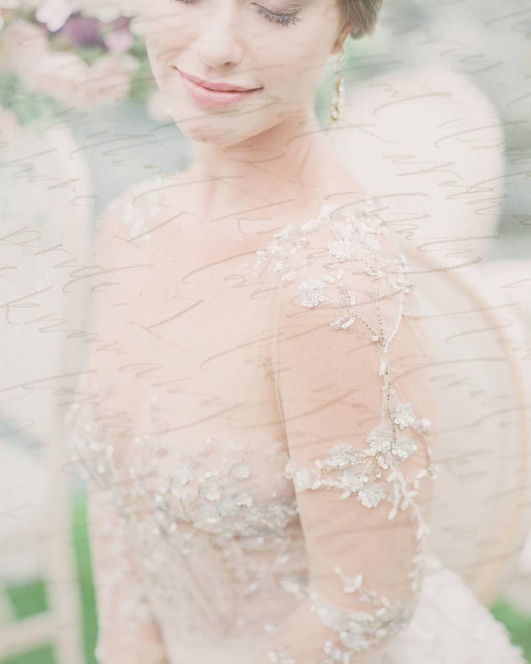 double exposure bridal portrait with luxury embellished wedding dress and calligraphy overlay