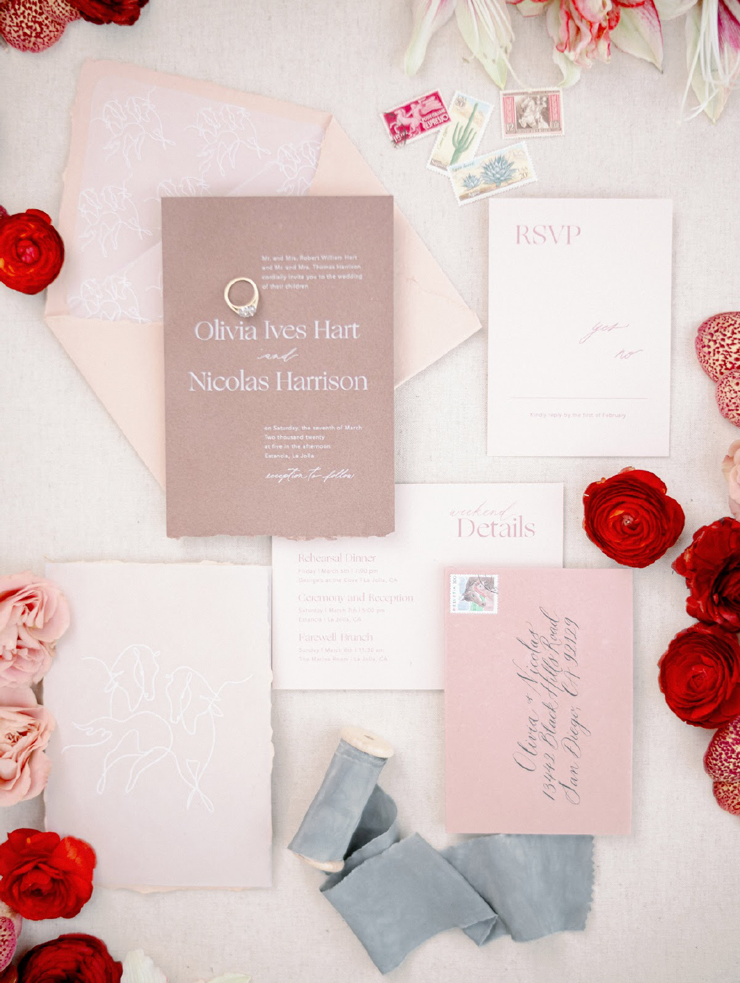 Modern romantic wedding invitations by Dominique Alba with layered pink colors and a hand illustrated art card, captured by Paul Von Rieter and planned by Stylish Details Events
