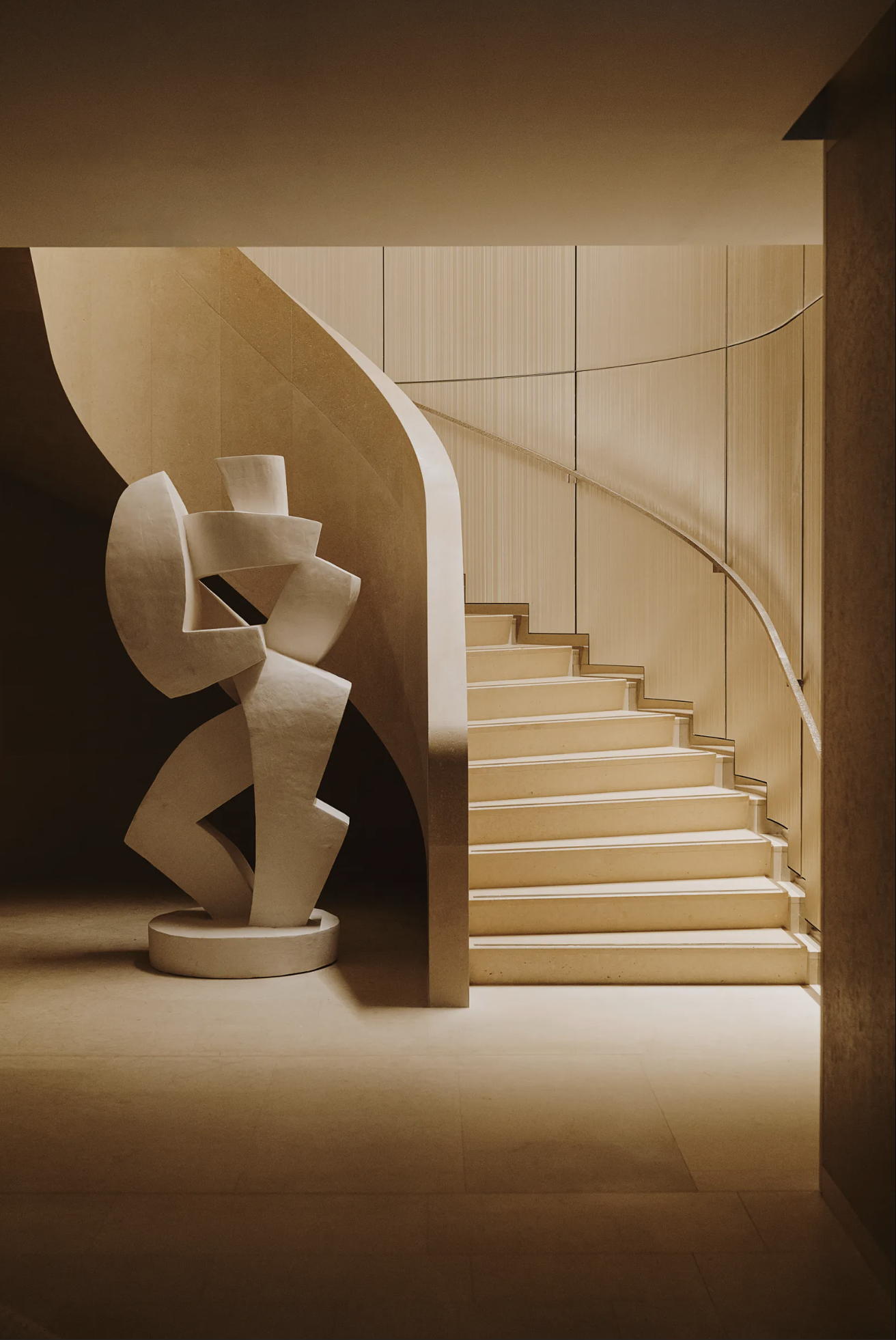The Dior spa’s limestone stair and Florian Tomballe sculpture at Cheval Blanc