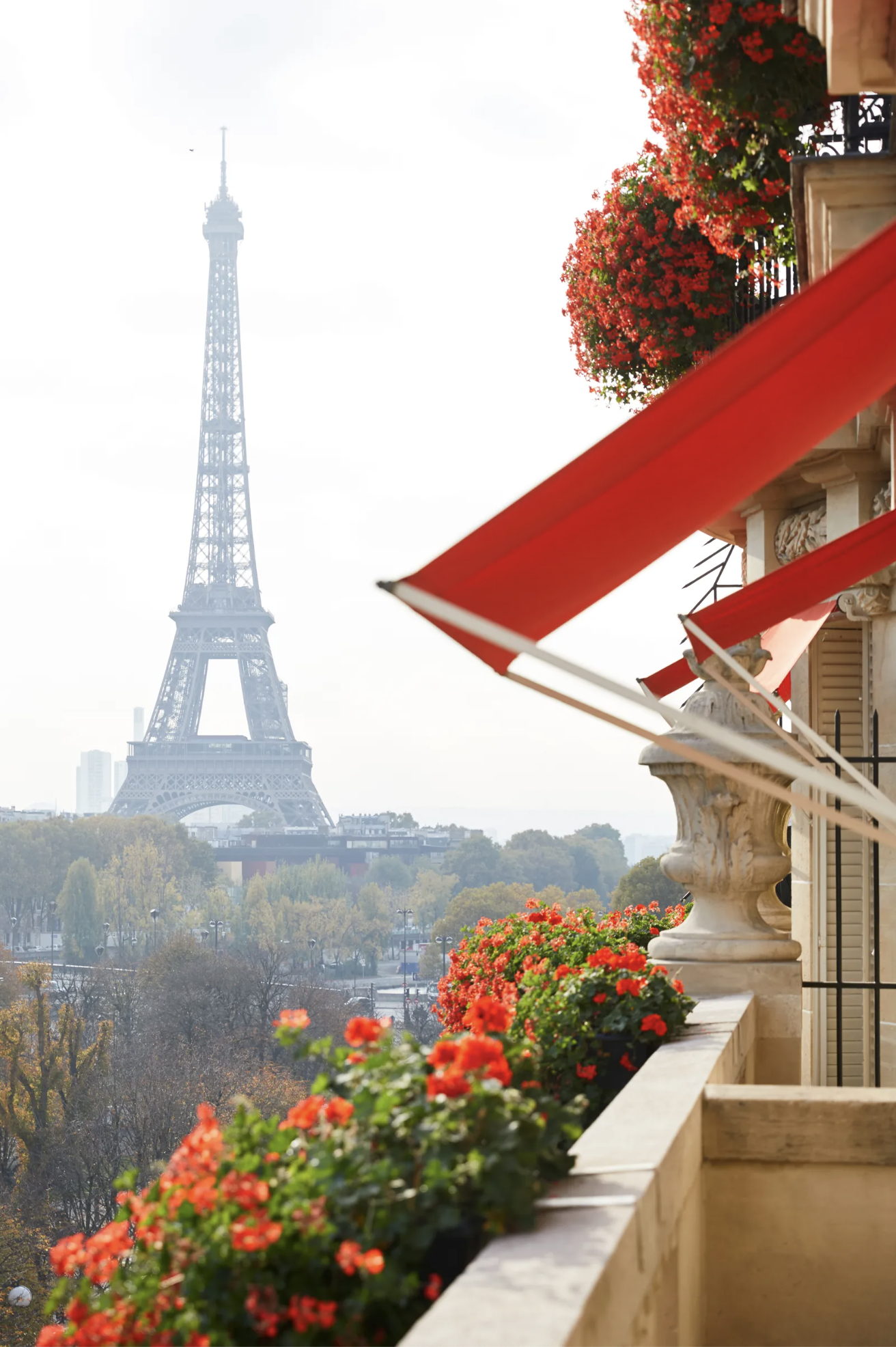 A view of the Eiffel Tower from the balcony of a Royal Suite at Hotel Plaza Athénée
